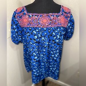 Layerz leopard-print top with vibrant pink and black embroidery- Size Small